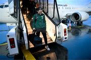 3 April 2024; Tyler Toland of Republic of Ireland at Luxembourg Airport on the team's arrival for their 2025 UEFA Women's European Championship Qualifier match against France, on Friday in Metz, France. Photo by Stephen McCarthy/Sportsfile