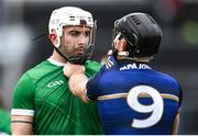 16 March 2024; Aaron Gillane of Limerick and Seán Linnane of Galway during the Allianz Hurling League Division 1 Group B match between Galway and Limerick at Pearse Stadium in Galway. Photo by Stephen McCarthy/Sportsfile