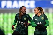 4 April 2024; Goalkeepers Courtney Brosnan and Grace Moloney, right, during a Republic of Ireland Women's training session at Stage Saint-Symphorien in Metz, France. Photo by Stephen McCarthy/Sportsfile