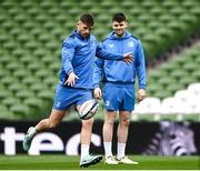 5 April 2024; Ross Byrne and Harry Byrne during a Leinster rugby captain's run at the Aviva Stadium in Dublin. Photo by Harry Murphy/Sportsfile