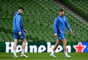 5 April 2024; Harry Byrne and Ross Byrne during a Leinster rugby captain's run at the Aviva Stadium in Dublin. Photo by Harry Murphy/Sportsfile