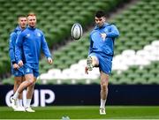 5 April 2024; Harry Byrne, right, with Ciarán Frawley and Sam Prendergast during a Leinster rugby captain's run at the Aviva Stadium in Dublin. Photo by Harry Murphy/Sportsfile