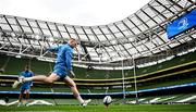 5 April 2024; Ciarán Frawley kicks during a Leinster rugby captain's run at the Aviva Stadium in Dublin. Photo by Harry Murphy/Sportsfile