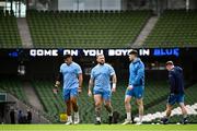 5 April 2024; Leinster players, from left, Michael Ala'alatoa, Andrew Porter and Harry Byrne during a Leinster rugby captain's run at the Aviva Stadium in Dublin. Photo by Harry Murphy/Sportsfile