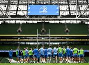 5 April 2024; Leinster players huddle during a Leinster rugby captain's run at the Aviva Stadium in Dublin. Photo by Harry Murphy/Sportsfile