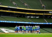 5 April 2024; Leinster players huddle during a Leinster rugby captain's run at the Aviva Stadium in Dublin. Photo by Harry Murphy/Sportsfile