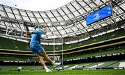 5 April 2024; Sam Prendergast kicks during a Leinster rugby captain's run at the Aviva Stadium in Dublin. Photo by Harry Murphy/Sportsfile