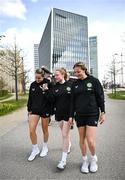 5 April 2024; Republic of Ireland players, from left, Erin McLaughlin, Amber Barrett and Kyra Carusa during a team walk near their team hotel in Luxembourg ahead of thirUEFA Women's European Championship qualifying group A match against France at Stade Saint-Symphorien in Metz, France. Photo by Stephen McCarthy/Sportsfile