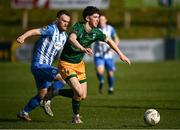 5 April 2024; Mikey Raggett of UCD in action against Dave Cawley of Finn Harps during the SSE Airtricity Men's First Division match between Finn Harps and UCD at Finn Park in Ballybofey, Donegal. Photo by Ramsey Cardy/Sportsfile