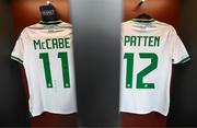 5 April 2024; The jerseys of Katie McCabe and Anna Patten of Republic of Ireland hang in the dressing room before the UEFA Women's European Championship qualifying group A match between France and Republic of Ireland at Stade Saint-Symphorien in Metz, France. Photo by Stephen McCarthy/Sportsfile