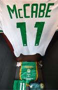 5 April 2024; The jersey of Katie McCabe of Republic of Ireland hangs in the dressing room before the UEFA Women's European Championship qualifying group A match between France and Republic of Ireland at Stade Saint-Symphorien in Metz, France. Photo by Stephen McCarthy/Sportsfile