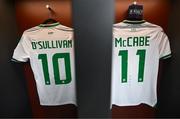 5 April 2024; The jerseys of Denise O'Sullivan and Katie McCabe of Republic of Ireland hang in the dressing room before the UEFA Women's European Championship qualifying group A match between France and Republic of Ireland at Stade Saint-Symphorien in Metz, France. Photo by Stephen McCarthy/Sportsfile
