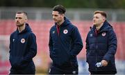 5 April 2024; St Patrick's Athletic players, from left, Aaron Bolger, Ruairi Keating and Brandon Kavanagh before the SSE Airtricity Men's Premier Division match between St Patrick's Athletic and Shamrock Rovers at Richmond Park in Dublin. Photo by Seb Daly/Sportsfile
