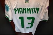 5 April 2024; The jersey of Aoife Mannion of Republic of Ireland hangs in the dressing room before the UEFA Women's European Championship qualifying group A match between France and Republic of Ireland at Stade Saint-Symphorien in Metz, France. Photo by Stephen McCarthy/Sportsfile