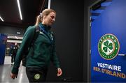 5 April 2024; Kyra Carusa of Republic of Ireland arrives before the UEFA Women's European Championship qualifying group A match between France and Republic of Ireland at Stade Saint-Symphorien in Metz, France. Photo by Stephen McCarthy/Sportsfile