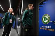 5 April 2024; Tyler Toland of Republic of Ireland, right, and Erin McLaughlin arrive before the UEFA Women's European Championship qualifying group A match between France and Republic of Ireland at Stade Saint-Symphorien in Metz, France. Photo by Stephen McCarthy/Sportsfile