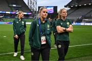 5 April 2024; Jessie Stapleton of Republic of Ireland and Diane Caldwell, right, before the UEFA Women's European Championship qualifying group A match between France and Republic of Ireland at Stade Saint-Symphorien in Metz, France. Photo by Stephen McCarthy/Sportsfile