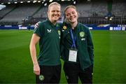 5 April 2024; Diane Caldwell, left, and Emily Murphy of Republic of Ireland before the UEFA Women's European Championship qualifying group A match between France and Republic of Ireland at Stade Saint-Symphorien in Metz, France. Photo by Stephen McCarthy/Sportsfile