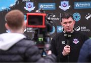 5 April 2024; Drogheda United manager Kevin Doherty is interviewed by LOITV before the SSE Airtricity Men's Premier Division match between Drogheda United and Shelbourne at Weavers Park in Drogheda, Louth. Photo by Shauna Clinton/Sportsfile