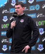 5 April 2024; Drogheda United manager Kevin Doherty is interviewed by LOITV before the SSE Airtricity Men's Premier Division match between Drogheda United and Shelbourne at Weavers Park in Drogheda, Louth. Photo by Shauna Clinton/Sportsfile