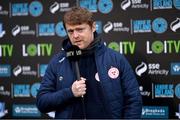 5 April 2024; Shelbourne manager Damien Duff is interviewed by LOITV before the SSE Airtricity Men's Premier Division match between Drogheda United and Shelbourne at Weavers Park in Drogheda, Louth. Photo by Ben McShane/Sportsfile
