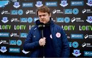 5 April 2024; Shelbourne manager Damien Duff is interviewed by LOITV before the SSE Airtricity Men's Premier Division match between Drogheda United and Shelbourne at Weavers Park in Drogheda, Louth. Photo by Ben McShane/Sportsfile