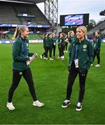 5 April 2024; Erin McLaughlin, left, and Denise O'Sullivan of Republic of Ireland before the UEFA Women's European Championship qualifying group A match between France and Republic of Ireland at Stade Saint-Symphorien in Metz, France. Photo by Stephen McCarthy/Sportsfile
