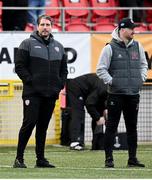 5 April 2024; Derry City manager Ruaidhrí Higgins, left, and Dundalk head coach Stephen O'Donnell before the SSE Airtricity Men's Premier Division match between Derry City and Dundalk at The Ryan McBride Brandywell Stadium in Derry. Photo by Ramsey Cardy/Sportsfile