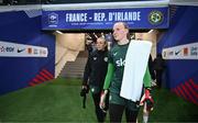 5 April 2024; Republic of Ireland goalkeepers Courtney Brosnan, right, and Grace Moloney before the UEFA Women's European Championship qualifying group A match between France and Republic of Ireland at Stade Saint-Symphorien in Metz, France. Photo by Stephen McCarthy/Sportsfile
