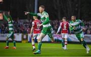 5 April 2024; Darragh Nugent of Shamrock Rovers celebrates after scoring his side's first goal during the SSE Airtricity Men's Premier Division match between St Patrick's Athletic and Shamrock Rovers at Richmond Park in Dublin. Photo by Seb Daly/Sportsfile