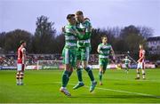5 April 2024; Darragh Nugent of Shamrock Rovers, right, celebrates with teammate Darragh Burns after scoring their side's first goal during the SSE Airtricity Men's Premier Division match between St Patrick's Athletic and Shamrock Rovers at Richmond Park in Dublin. Photo by Seb Daly/Sportsfile