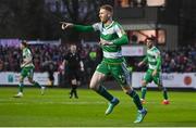 5 April 2024; Darragh Nugent of Shamrock Rovers celebrates after scoring his side's first goal during the SSE Airtricity Men's Premier Division match between St Patrick's Athletic and Shamrock Rovers at Richmond Park in Dublin. Photo by Seb Daly/Sportsfile