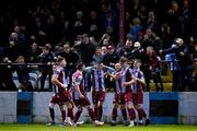 5 April 2024; Drogheda United players and supporters celebrate after their side's first goal, scored by Oisin Gallagher, second from right, during the SSE Airtricity Men's Premier Division match between Drogheda United and Shelbourne at Weavers Park in Drogheda, Louth. Photo by Ben McShane/Sportsfile