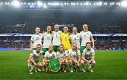 5 April 2024; Republic of Ireland players, top row, from left, Emily Murphy, Anna Patten, Caitlin Hayes, goalkeeper Courtney Brosnan, Megan Connolly and Louise Quinn, bottom row, from left, Katie McCabe, Denise O'Sullivan, Heather Payne, Kyra Carusa and Aoife Mannion pose for a team photograph before the UEFA Women's European Championship qualifying group A match between France and Republic of Ireland at Stade Saint-Symphorien in Metz, France. Photo by Stephen McCarthy/Sportsfile