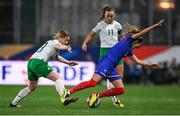 5 April 2024; Sandie Toletti of France in action against Aoife Mannion, left, and Katie McCabe of Republic of Ireland during the UEFA Women's European Championship qualifying group A match between France and Republic of Ireland at Stade Saint-Symphorien in Metz, France. Photo by Stephen McCarthy/Sportsfile