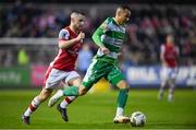 5 April 2024; Graham Burke of Shamrock Rovers in action against Aaron Bolger of St Patrick's Athletic during the SSE Airtricity Men's Premier Division match between St Patrick's Athletic and Shamrock Rovers at Richmond Park in Dublin. Photo by Seb Daly/Sportsfile