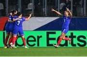 5 April 2024; Maëlle Lakrar of France, right, celebrates with team-mates after Marie-Antoinette Katoto, not pictured, scores their side's first goal during the UEFA Women's European Championship qualifying group A match between France and Republic of Ireland at Stade Saint-Symphorien in Metz, France. Photo by Stephen McCarthy/Sportsfile