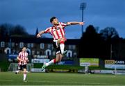 5 April 2024; Adam O'Reilly of Derry City celebrates after scoring his side's first goal during the SSE Airtricity Men's Premier Division match between Derry City and Dundalk at The Ryan McBride Brandywell Stadium in Derry. Photo by Ramsey Cardy/Sportsfile