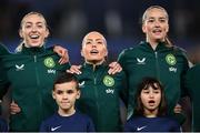 5 April 2024; Republic of Ireland players, from left, Megan Connolly, Denise O'Sullivan and Anna Patten before the UEFA Women's European Championship qualifying group A match between France and Republic of Ireland at Stade Saint-Symphorien in Metz, France. Photo by Stephen McCarthy/Sportsfile