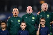 5 April 2024; Republic of Ireland players, from left, Katie McCabe, goalkeeper Courtney Brosnan and Louise Quinn before the UEFA Women's European Championship qualifying group A match between France and Republic of Ireland at Stade Saint-Symphorien in Metz, France. Photo by Stephen McCarthy/Sportsfile