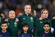 5 April 2024; Republic of Ireland players, from left, Denise O'Sullivan, Anna Patten and Aoife Mannion before the UEFA Women's European Championship qualifying group A match between France and Republic of Ireland at Stade Saint-Symphorien in Metz, France. Photo by Stephen McCarthy/Sportsfile