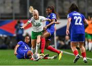 5 April 2024; Denise O'Sullivan of Republic of Ireland is tackled by Sandy Baltimore, left, and Kadidiatou Diani of France during the UEFA Women's European Championship qualifying group A match between France and Republic of Ireland at Stade Saint-Symphorien in Metz, France. Photo by Stephen McCarthy/Sportsfile