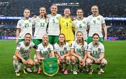 5 April 2024; Republic of Ireland players, top row, from left, Emily Murphy, Anna Patten, Caitlin Hayes, goalkeeper Courtney Brosnan, Megan Connolly and Louise Quinn, bottom row, from left, Katie McCabe, Denise O'Sullivan, Heather Payne, Kyra Carusa and Aoife Mannion pose for a team photograph before the UEFA Women's European Championship qualifying group A match between France and Republic of Ireland at Stade Saint-Symphorien in Metz, France. Photo by Stephen McCarthy/Sportsfile