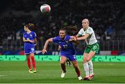 5 April 2024; Ève Périsset of France in action against Denise O'Sullivan of Republic of Ireland during the UEFA Women's European Championship qualifying group A match between France and Republic of Ireland at Stade Saint-Symphorien in Metz, France. Photo by Stephen McCarthy/Sportsfile