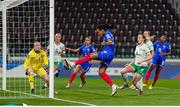 5 April 2024; Marie-Antoinette Katoto of France scores her side's first goal watched by Courtney Brosnan and Megan Connolly of Republic of Ireland during the UEFA Women's European Championship qualifying group A match between France and Republic of Ireland at Stade Saint-Symphorien in Metz, France. Photo by Hugo Pfeiffer/Sportsfile