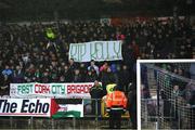 5 April 2024; Cork City supporters hold up a banner in memory of the late Kelly Healy, wife of former Cork City player and manager Colin, and mother of player Arran, before the SSE Airtricity Men's First Division match between Cork City and Cobh Ramblers at Turner's Cross in Cork. Photo by Michael P Ryan/Sportsfile