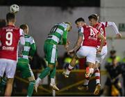 5 April 2024; Joe Redmond of St Patrick's Athletic, 4, scores his side's first goal during the SSE Airtricity Men's Premier Division match between St Patrick's Athletic and Shamrock Rovers at Richmond Park in Dublin. Photo by Seb Daly/Sportsfile