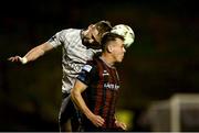 5 April 2024; Darragh Power of Waterford in action against Dayle Rooney of Bohemians during the SSE Airtricity Men's Premier Division match between Bohemians and Waterford at Dalymount Park in Dublin. Photo by Piaras Ó Mídheach/Sportsfile