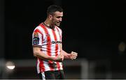 5 April 2024; Michael Duffy of Derry City celebrates after scoring his side's fourth goal during the SSE Airtricity Men's Premier Division match between Derry City and Dundalk at The Ryan McBride Brandywell Stadium in Derry. Photo by Ramsey Cardy/Sportsfile