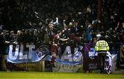 5 April 2024; Evan Weir of Drogheda United celebrates with supporters after scoring their side's second goal during the SSE Airtricity Men's Premier Division match between Drogheda United and Shelbourne at Weavers Park in Drogheda, Louth. Photo by Ben McShane/Sportsfile